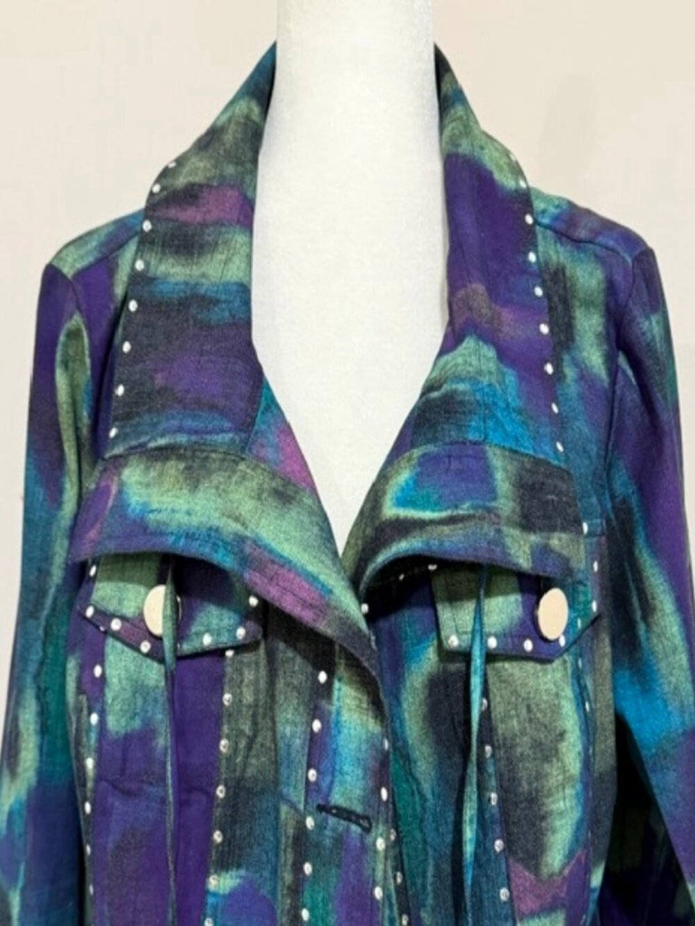 Berek Wearable Art Abstract Watercolor Embellished Jacket Silver Studs XL - Picture 2 of 4